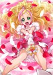  1girl :o blonde_hair bow chocokin cure_flora earrings eyebrows frills go!_princess_precure green_eyes haruno_haruka jewelry long_hair magical_girl multicolored_hair open_mouth petals pink_background pink_bow pink_hair pink_skirt precure skirt solo streaked_hair thick_eyebrows two-tone_hair 