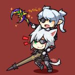  1boy 1girl animal_ears blue_eyes cat_ears cat_tail chibi commentary eyepatch final_fantasy final_fantasy_xiv green_eyes lalafell miqo&#039;te pointy_ears rue_(ruenis_chronowing) silver_hair staff sword tail weapon white_hair 
