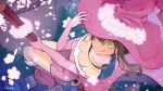  1girl boots breasts broom broom_riding brown_hair cleavage elbow_gloves flower flying from_above gloves green_eyes hat looking_at_viewer looking_up outdoors petals pink_boots pink_gloves pink_hat smile solo ukke v_lila_f witch_hat yozakura_quartet 