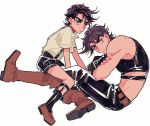  2boys black_hair blue_eyes boots dual_persona jojo_no_kimyou_na_bouken joseph_joestar_(young) mapi_(mup1228) midriff multiple_boys older shorts suspenders younger 