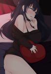  1girl agano_(kantai_collection) aqua_eyes ass black_hair blush bottomless breasts chimunge cleavage heart_print kantai_collection large_breasts long_hair long_sleeves looking_at_viewer lying naked_shirt off_shoulder on_side one_eye_closed open_mouth shirt solo thighs very_long_hair 