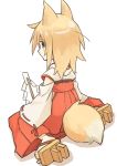  1girl animal_ears blonde_hair blue_eyes fox_ears fox_tail from_behind geta gohei hakama highres ichi_hachi_rei_rei japanese_clothes looking_at_viewer looking_back miko original shide simple_background sitting solo tail wariza white_background 