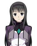  1girl akemi_homura arms_behind_back bangs black_hair celestial_being_uniform cropped_jacket frown gundam gundam_00 hairband long_hair looking_at_viewer mahou_shoujo_madoka_magica seiran_kai simple_background solo tagme turtleneck violet_eyes white_background 