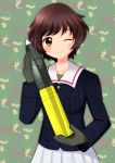  1girl absurdres akiyama_yukari girls_und_panzer highres one_eye_closed short_hair solo tank_shell 