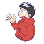  1boy brown_hair from_behind hand_in_pocket hoodie looking_at_viewer male_focus money_gesture osomatsu-kun osomatsu-san osomatsu_(osomatsu-kun) simple_background smile solo upper_body white_background 