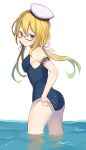  1girl ass blonde_hair gi_(melmail) glasses hat i-8_(kantai_collection) kantai_collection long_hair school_swimsuit solo swimsuit twintails water 