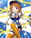  1girl alternate_costume artist_request brown_eyes brown_hair cuffs earrings feather_boa fingerless_gloves gloves handcuffs hat idolmaster idolmaster_cinderella_girls jewelry katagiri_sanae official_art one_eye_closed peaked_cap sparkle thigh-highs twintails 