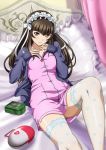  1girl bed brown_hair cardigan female fishnet_legwear fishnets hairband ikkitousen ikkitousen:_bakunyuu_souhaden lace lace-trimmed_thighhighs long_hair looking_at_viewer lying nurse official_art on_back on_bed open_clothes pillow smile solo ten&#039;i_(ikkitousen) thigh-highs white_legwear zettai_ryouiki zipper 