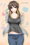 1girl :o antenna_hair artist_name ass_visible_through_thighs blush breasts brown_eyes brown_hair cleavage collarbone grey_jacket hair_between_eyes head_tilt highres jacket large_breasts looking_at_viewer off_shoulder open_clothes open_jacket original pants paw_pose raizo35 short_hair signature simple_background solo standing tank_top thigh_gap 
