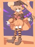  androgynous blonde_hair boots bow capelet hair_ornament halloween hat jandare len&#039;en pumpkin pumpkin_hair_ornament short_hair solo thigh-highs umatachi_tsugumi wand wings witch_hat 