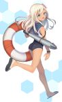  1girl blonde_hair blue_eyes flower gi_(melmail) hair_flower hair_ornament highres kantai_collection lifebuoy long_hair open_mouth ro-500_(kantai_collection) school_swimsuit smile solo swimsuit tan tanline torpedo 