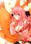  1girl animal_ears bare_shoulders bow breasts caster_(fate/extra) cleavage fate/extra fate_(series) finger_to_mouth fox_ears fox_tail hair_bow hair_ribbon pink_hair ribbon skirt solo sunday31 tail thigh-highs twintails yellow_eyes 