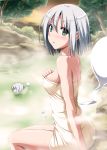  2girls bathing blush dual_persona forest green_eyes highres konpaku_youmu konpaku_youmu_(ghost) looking_at_viewer minigirl multiple_girls naked_towel nature nori_tamago onsen short_hair silver_hair sitting steam touhou towel wet 