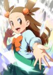  1girl brown_eyes crystal dress hair_bobbles hair_ornament hand_up jasmine_(pokemon) light_brown_hair looking_at_viewer oooise open_mouth outstretched_arm pokemon pokemon_(game) pokemon_hgss smile solo teeth tongue twintails upper_body 