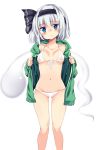  1girl bikini blue_eyes blush breasts front-tie_bikini front-tie_top hairband highres jacket konpaku_youmu looking_at_viewer matsuri_uta open_clothes open_jacket short_hair side-tie_bikini silver_hair solo swimsuit touhou track_jacket white_bikini white_swimsuit 