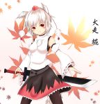  1girl animal_ears autumn_leaves black_legwear blush breasts detached_sleeves hat highres inubashiri_momiji leaf looking_at_viewer pantyhose pom_pom_(clothes) red_eyes short_hair silver_hair skirt smile solo sword tail tokin_hat touhou translation_request weapon wolf_ears wolf_tail 
