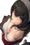  1girl bare_shoulders black_hair blue_eyes blush book breasts cleavage from_above hairband highres idolmaster idolmaster_cinderella_girls jewelry large_breasts long_hair mossi necklace open_mouth sagisawa_fumika simple_background solo_focus sweater 