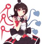  1girl alternate_costume asymmetrical_wings black_hair blush corset detached_collar dress fingers_together hat head_tilt heart heart-shaped_pupils houjuu_nue igakusei layered_dress looking_at_viewer open_mouth pointy_ears red_eyes ribbon short_hair simple_background sleeveless solo symbol-shaped_pupils touhou white_background wings 