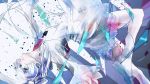  1girl belt blue_eyes blurry boots cropped_jacket depth_of_field dress earrings high_heel_boots high_heels highres jewelry jumping long_hair long_sleeves ookubo_akashi ribbon rwby shards solo weiss_schnee white_boots white_dress white_hair wide_sleeves 