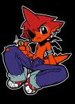  1boy bat_wings black_background black_eyes coin denim dinosaur_tail dollar_sign earrings eyepatch fang izuna_yoshitsune jeans jewelry lowres navel pants pants_rolled_up redhead ripped_jeans shirtless shoes sneakers sparkle wings 