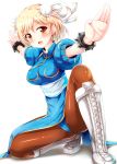  1girl blonde_hair blue_dress blush boots bracelet brown_eyes brown_legwear bun_cover chinese_clothes chun-li chun-li_(cosplay) cross-laced_footwear double_bun dress fighting_stance gita_(granblue_fantasy) granblue_fantasy hair_bun jewelry looking_at_viewer open_mouth outstretched_arms pantyhose sash solo street_fighter tekehiro 