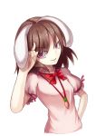  1girl animal_ears brown_hair carrot_necklace dress inaba_tewi puffy_short_sleeves puffy_sleeves rabbit_ears sakuramochi_(aozomesakura) short_hair short_sleeves simple_background smile touhou violet_eyes white_background 