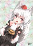  1girl absurdres animal_ears artist_request blush breasts detached_sleeves fang hat highres inubashiri_momiji kourindou_tengu_costume looking_at_viewer open_mouth red_eyes short_hair signature silver_hair solo tail tokin_hat touhou wolf_ears wolf_tail 