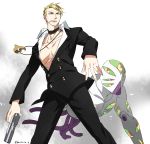  1boy 2boys blonde_hair cigarette formal gun handgun hokuto_shun jewelry jojo_no_kimyou_na_bouken multiple_boys necklace prosciutto stand_(jojo) suit the_grateful_dead_(stand) weapon 