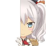  1girl blue_eyes epaulettes gloves hair_ornament hat kantai_collection kashima_(kantai_collection) long_hair looking_at_viewer military military_uniform nagineko peeking_out ribbon silver_hair smile solo transparent_background twintails uniform white_gloves 