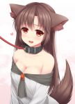  1girl animal_ears bare_shoulders blush breasts brooch brown_hair cleavage collar collarbone heart imaizumi_kagerou jewelry large_breasts leash long_hair off_shoulder open_mouth red_eyes shirt smile tail tokugawa_landine touhou very_long_hair wolf_ears wolf_tail 