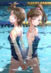  1girl 2girls absurdres ass back-to-back blue_one-piece_swimsuit brown_eyes brown_hair commentary competition_school_swimsuit futami_ami futami_mami grin highres idolmaster idolmaster_(classic) idolmaster_2 lane_line long_hair multiple_girls one-piece_swimsuit partially_submerged pool school_swimsuit shiroyu short_hair siblings side_ponytail smile solo standing swimsuit twins water 