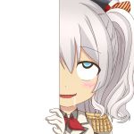  1girl blue_eyes blush drooling epaulettes gloves hair_ornament hat kantai_collection kashima_(kantai_collection) long_hair looking_at_viewer military military_uniform nagineko open_mouth peeking_out ribbon saliva silver_hair smile solo transparent_background twintails uniform white_gloves 