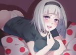  anna_nishikinomiya artist_request ass blush breasts choker hairband heart heart-shaped_pupils highres large_breasts licking panties polka_dot_pillow shadow shimoneta_to_iu_gainen_ga_sonzai_shinai_taikutsu_na_sekai short_hair silver_hair symbol-shaped_pupils teeth tongue tongue_out underwear 