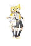  1boy 1girl arm_hug blonde_hair highres ixima kagamine_len kagamine_len_(vocaloid4) kagamine_rin kagamine_rin_(vocaloid4) official_art short_hair smile standing_on_one_leg v4x vocaloid 