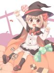 1girl blonde_hair blush candy cape child fang halloween hat jack-o&#039;-lantern nami_(cassette) open_mouth red_eyes rumia solo touhou witch_hat 
