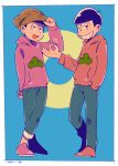  2boys adjusting_clothes adjusting_hat arm_behind_back beanie black_hair blue_background bowl_cut brothers circle crossed_legs dated denim hand_in_pocket hat heart hoodie jeans male_focus money_gesture multiple_boys one_eye_closed osomatsu-kun osomatsu-san osomatsu_(osomatsu-kun) pants siblings simple_background smirk sumio_(smosmo) todomatsu 
