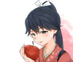  1girl apple black_eyes black_hair commentary_request food fruit high_ponytail holding houshou_(kancolle) japanese_clothes kantai_collection kimono pink_kimono ponytail portrait smile solo takasugi_heppu 