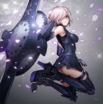  1girl armor ass bangs boots elbow_gloves fate/grand_order fate_(series) from_side full_body gloves grey_background hair_over_one_eye high_heel_boots high_heels jewelry lens_flare looking_at_viewer masin0201 panties shield shielder_(fate/grand_order) short_hair silver_hair sleeveless solo thigh-highs thigh_strap underwear violet_eyes weapon 