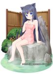  1girl animal_ears bare_arms barefoot black_hair blue_eyes blush breasts bush cat_ears cleavage collarbone feet_in_water floral_print flower hand_on_own_chest head_tilt long_hair looking_at_viewer naked_towel onsen original sitting sitting_on_rock smile soaking_feet solo steam towel translation_request very_long_hair water yamasan 