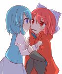  2girls bandaged_neck blue_eyes blue_hair blush bow cape eye_contact hair_bow hands_on_another&#039;s_chest high_collar incipient_kiss jitome juliet_sleeves large_bow long_sleeves looking_at_another multiple_girls pocky pocky_day pocky_kiss puchimirin puffy_sleeves red_eyes redhead sekibanki shared_food short_hair skirt tatara_kogasa touhou tunic yuri 