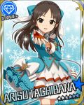  1girl alternate_costume artist_request bow brown_eyes brown_hair card_(medium) character_name diamond_(symbol) dress fingerless_gloves gloves hair_bow hair_ribbon idolmaster idolmaster_cinderella_girls long_hair microphone official_art ribbon skirt snowflakes solo sparkle tachibana_arisu 