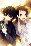  2boys black_hair book brown_eyes brown_hair fukube_satoshi gakuran green_eyes hyouka multiple_boys oreki_houtarou school_uniform short_hair takerusilt 