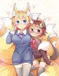  2girls :3 adjusting_glasses alternate_costume animal_ears bespectacled blonde_hair blue_dress blue_eyes breasts brown_hair casual cat_ears cat_tail chen dress ear_piercing fang fox_ears fox_tail garter_straps glasses grey_legwear heart ibarashiro_natou jewelry large_breasts long_sleeves looking_at_viewer multiple_girls multiple_tails nekomata piercing red-framed_glasses red_eyes shirt short_hair shorts single_earring smile tail thigh-highs touhou yakumo_ran zettai_ryouiki 