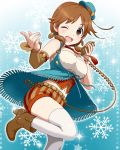  1girl artist_request breasts brown_eyes brown_hair earrings hat idolmaster idolmaster_cinderella_girls jewelry katagiri_sanae microphone necktie official_art one_eye_closed short_twintails shorts snowflakes solo sparkle thigh-highs twintails vintage_microphone white_legwear 