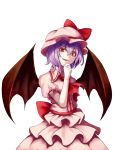  1girl :d bat_wings hand_on_own_chin hat layered_dress mob_cap open_mouth puffy_short_sleeves puffy_sleeves red_eyes remilia_scarlet sakuramochi_(aozomesakura) short_hair short_sleeves simple_background smile touhou white_background wings 