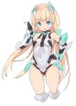 1girl angela_balzac bare_shoulders blade_(galaxist) blonde_hair blue_eyes blush breasts elbow_gloves gloves hand_on_hip headgear leotard long_hair looking_at_viewer low_twintails open_mouth rakuen_tsuihou smile solo thigh_strap twintails very_long_hair waving 