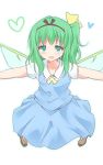  1girl blush daiyousei fairy_wings green_eyes green_hair heart heart-shaped_pupils mickeysmith open_mouth outstretched_arms side_ponytail solo symbol-shaped_pupils touhou wings 
