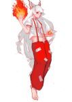  1girl absurdres bangs barefoot bow collared_shirt crop_top fireball flame fujiwara_no_mokou full_body grin hair_bow highres long_hair looking_at_viewer midriff navel open_hands pants red_eyes red_pants shirt short_sleeves simple_background small_breasts smile solo stomach suspenders touhou very_long_hair white_background white_hair white_shirt zhengda200808 