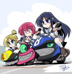  ahoge asashio_(kantai_collection) braid commentary_request gloves i-class_destroyer kantai_collection kieyza long_hair maikaze_(kantai_collection) motor_vehicle motorcycle multiple_girls nenohi_(kantai_collection) pink_hair school_uniform serafuku single_braid vehicle 
