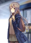  1girl absurdres backpack bag black_legwear brown_eyes cardigan coat grey_hair haik highres long_hair long_sleeves looking_at_viewer miniskirt open_clothes open_coat original pantyhose playing_with_own_hair scarf shirt skirt smile solo very_long_hair 